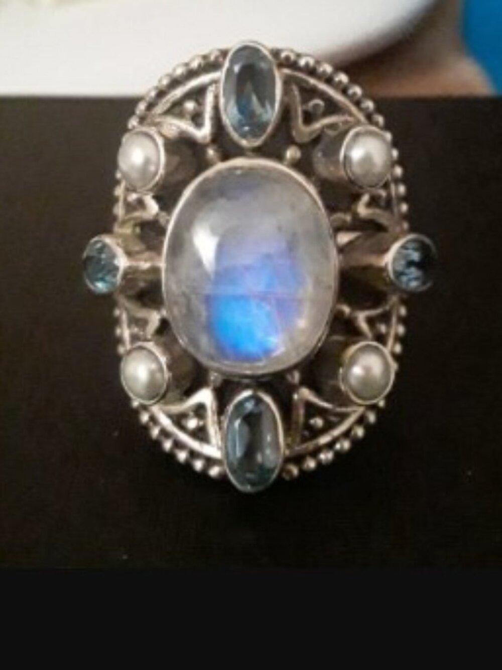 Nicky Butler moonstone ring pearls , blue topaz, silver MULTIGEM NEW size 7